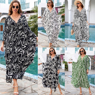 Cross-border European and American rayon printed loose plus size robe vacation jumpsuit long dress women's beach coat bikini blouse