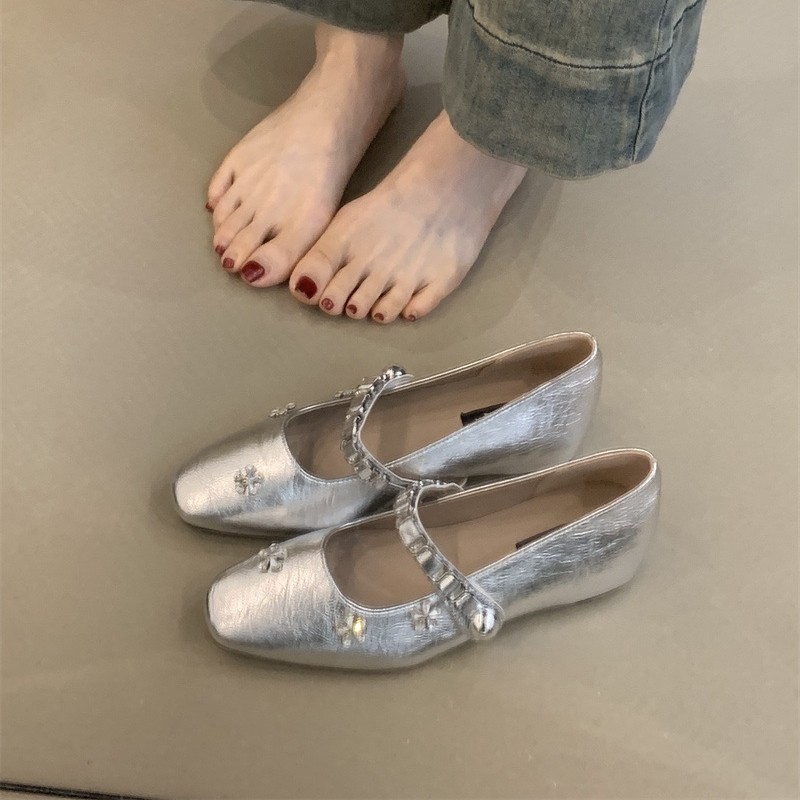 Elegant Mary Jane shoes with rhinestones square toe low-cut with…