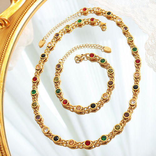 Elegant and Trendy Fish Eye Design Multicolored Zirconia Beaded Chain Necklace, Unique and Fashionable Copper Material Bracelet Set