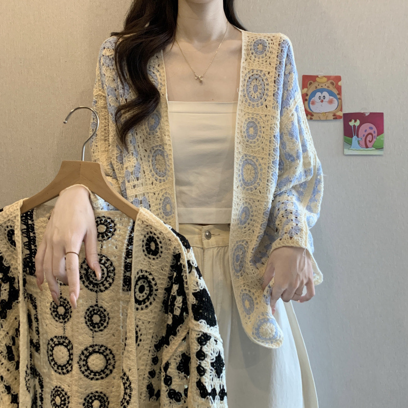 时尚高级女士针织衫2025新款早秋钩花镂空胖mm显瘦外套开衫A6649|undefined