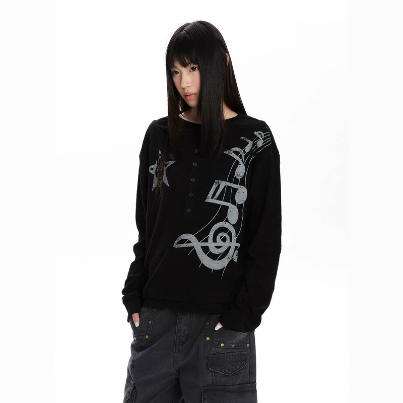 Autumn Y2K subculture note print henley collar long-sleeve T-shirt, faux two-piece spliced design, unisex loose-fit top