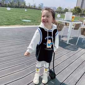2025女童宝宝卡通儿童中长款假两件连帽卫衣裙春秋时尚长袖中小童