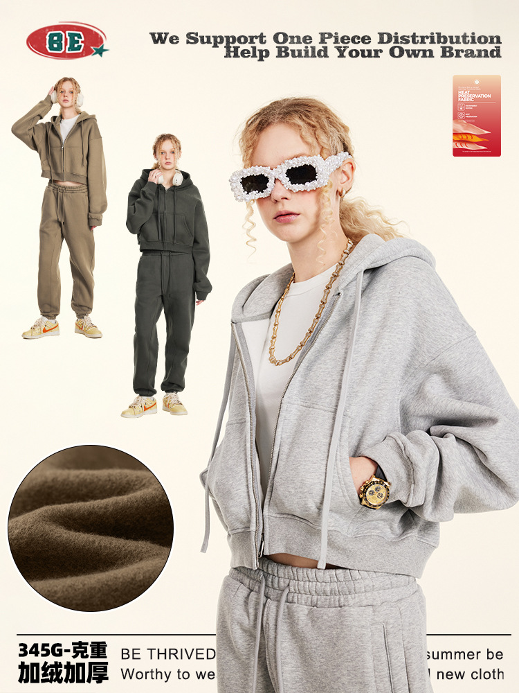 BE ropa de mujer | 2025 otoño europeo y americano retro color sólido suéter con capucha chaqueta con cremallera suelta corta sudadera con capucha
