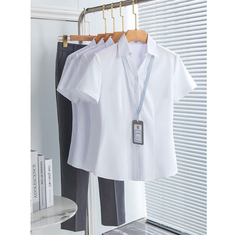 夏の新型vネック韓国版白シャツ女性半袖作業服正装修身職業シャツが痩せています。|undefined