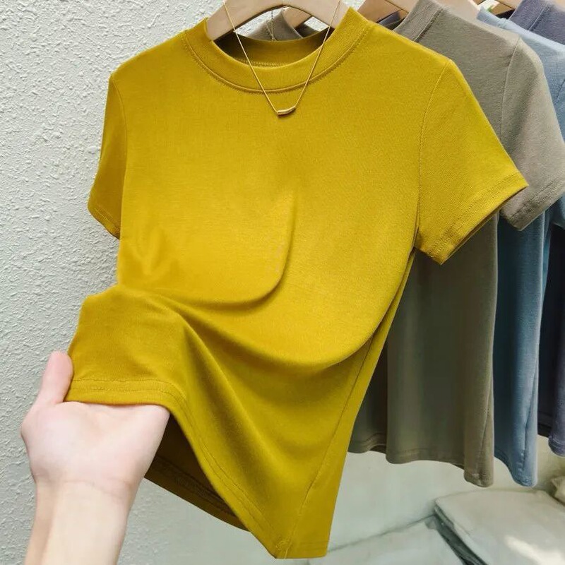 2025 New Summer Short-Sleeved T-Shirt Women's Round Neck Classic Pure Color Versatile Slimming Look Mask t Top
