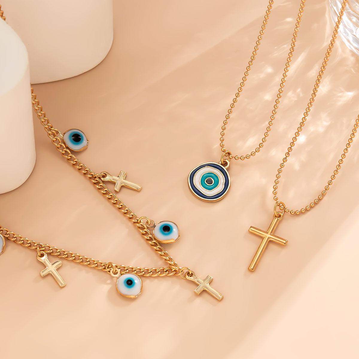 Schmuck Bohemian Blau Dämon Auge Mit Französisch Minimalistischen Kreuz Halskette_voghion.com