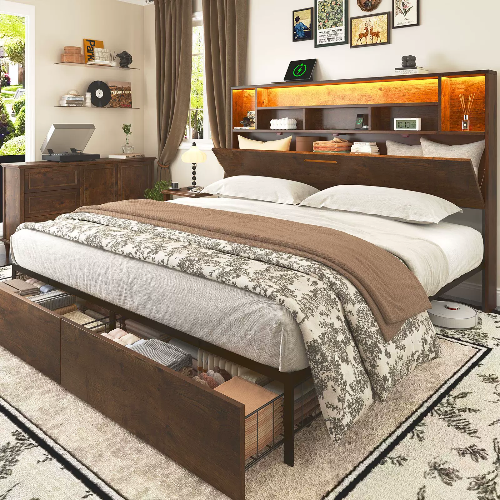 亚马逊实木储物床现代简约带抽屉收纳床卧室家用多功能双人床批量