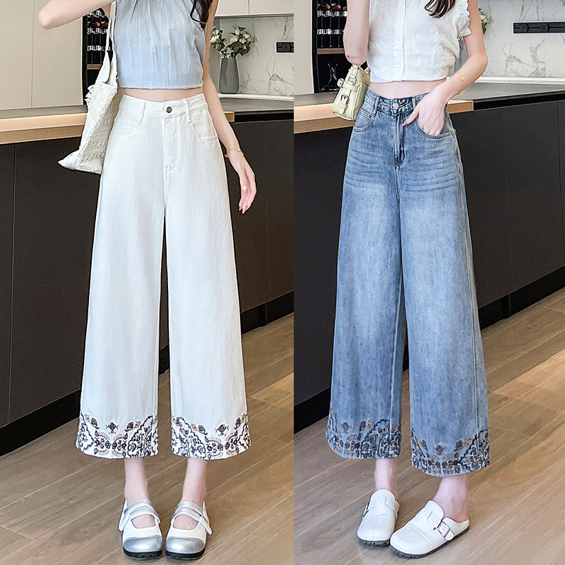 オフホワイトの花柄刺繍ジーンズ レディース 9点 春夏 スリム 小柄 8点 ワイドレッグ ストレートパンツ|undefined
