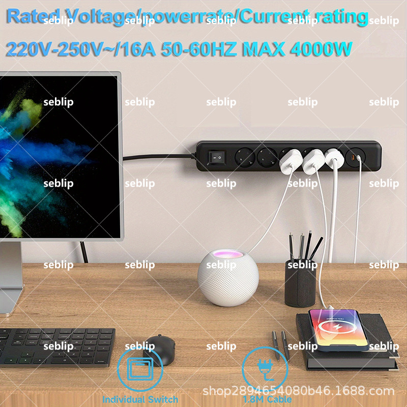 欧规万用插座长款带USB排插多插位多设备防雷击插拔顺滑过载保护