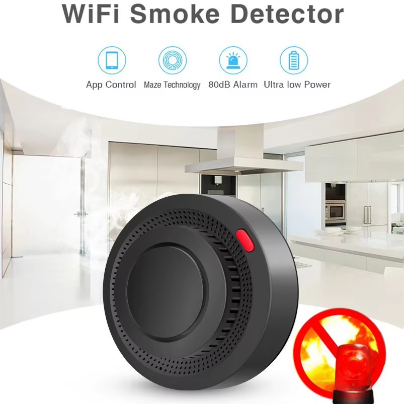 Black Tuya Smoke Alarm Detector Graffiti Smoke Sense WiFi Smart Home APP Sensing Detector