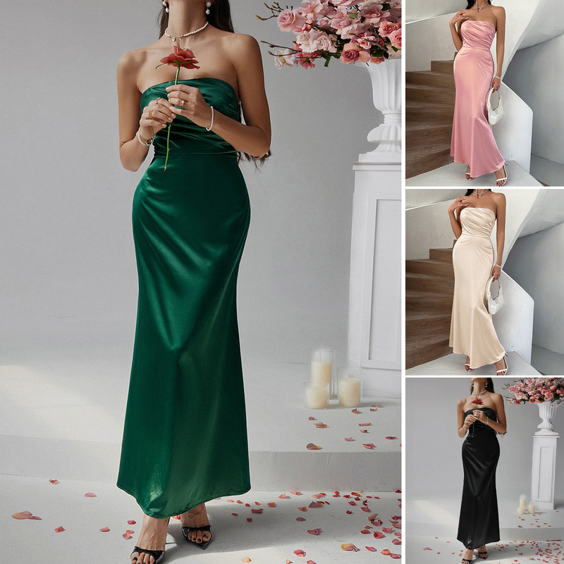 Diyun Cross-Border 2025 Spring and Summer European and American French Sexy Slim Pure Color Tube Top Evening Dress Dress Long Skirt Women's Clothing