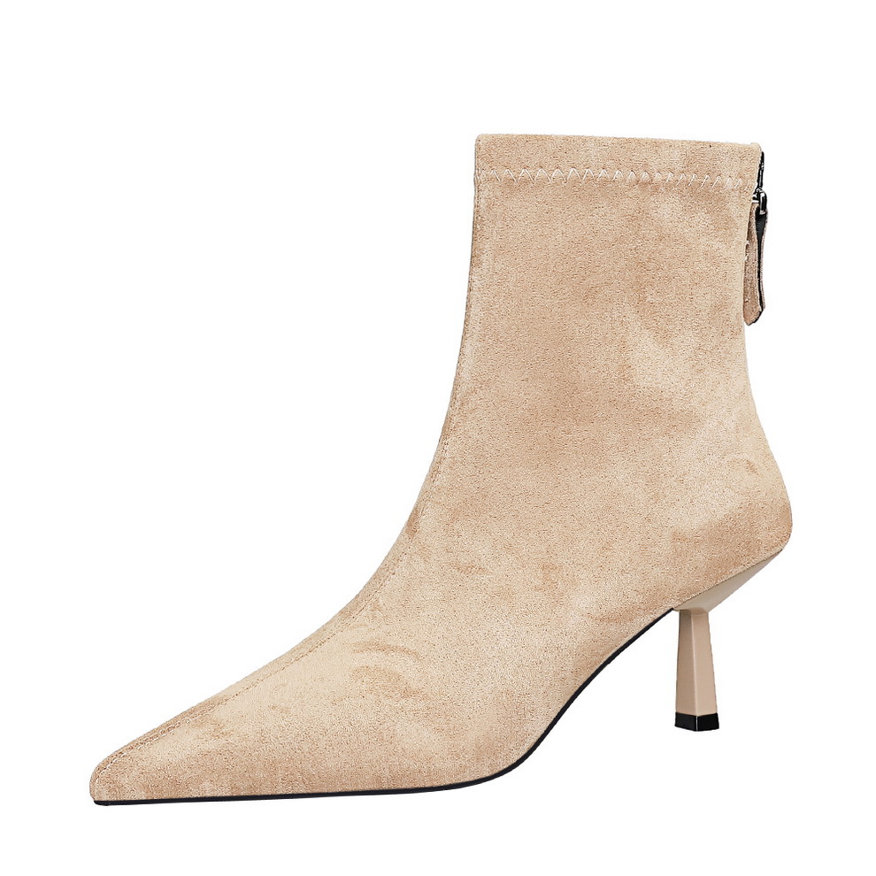 1895-1 Vintage Suede Pointed Toe Slim Thin Heel Mid-Heel Versatile Fashion Back Zipper Ankle Boots For Women_vogvips.com
