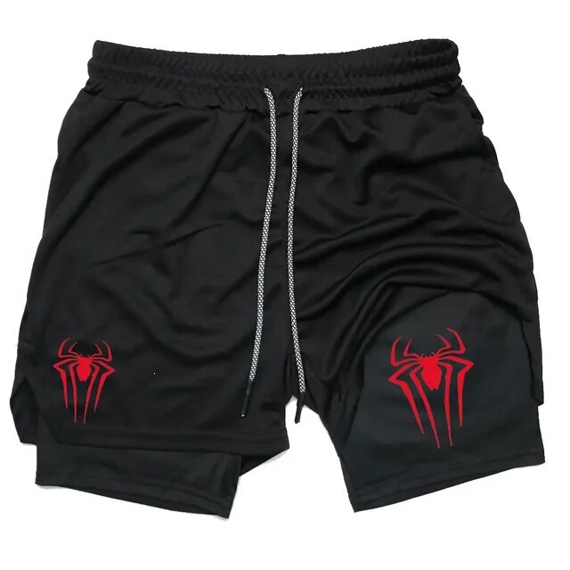 Summer Men's Sports Shorts with Spider Print, Breathable, Quick-Drying, Double-Layered, Two-In-One Casual Pants That Can Hold a Towel Summer Men's Sports Shorts with Spider Print, Breathable, Quick-Drying, Double-Layered, Two-In-One Casual Pants That Can Hold a Towel
