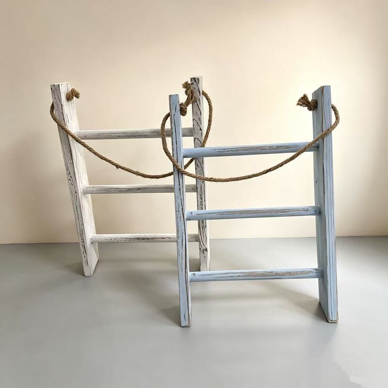 Wooden Towel Ladder Rack, Distressed Washed White Wood, Wall-Mounted with Hemp Rope, Multi-Layer Towel Storage Rack