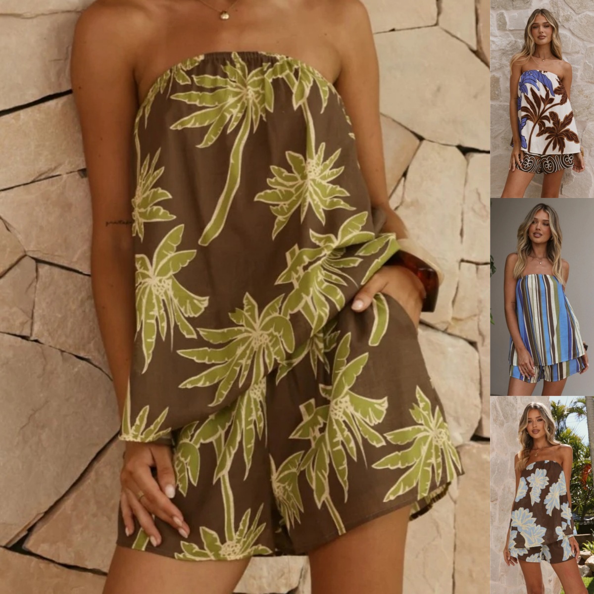 2026 Cross-Border European and American Summer New Style Set, Printed Loose Casual Beach Vacation Style Strapless Shorts Set