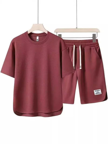 【Seven Color Options】Summer Short Sleeve Set Men's Crew Neck T-Shirt High-End Solid Color Half Sleeve Fashion Open Hem Five-Finger Pants