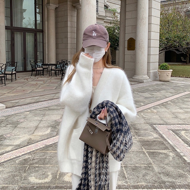粉色领水貂绒毛衣外套女秋冬温柔慵懒中长款外搭奶针织开衫|undefined
