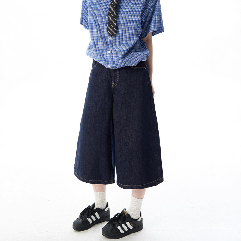 2026 Summer Lyocell Denim Blue Original Color Cropped Jeans Cleanfit Unisex Loose Wide-Leg Shorts Trendy