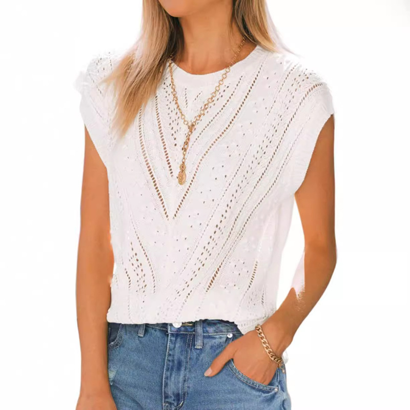 Cap Sleeve Top Summer Round Neck Knitwear Sleeveless Vest Lightweight Crochet Knitwear Aliexpress Cross-Border Processing Customization