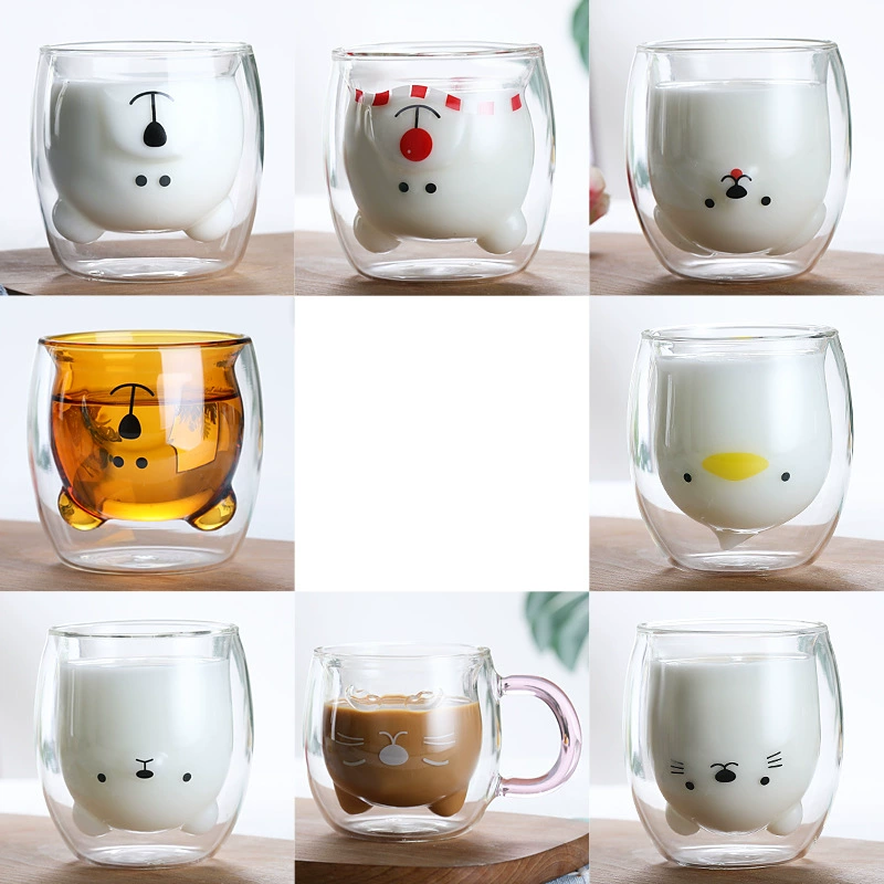 Двойная стеклянная чашка из боросиликатного стекла (HAOQIAN GLASS) — мультяшное животное, 201–300 мл