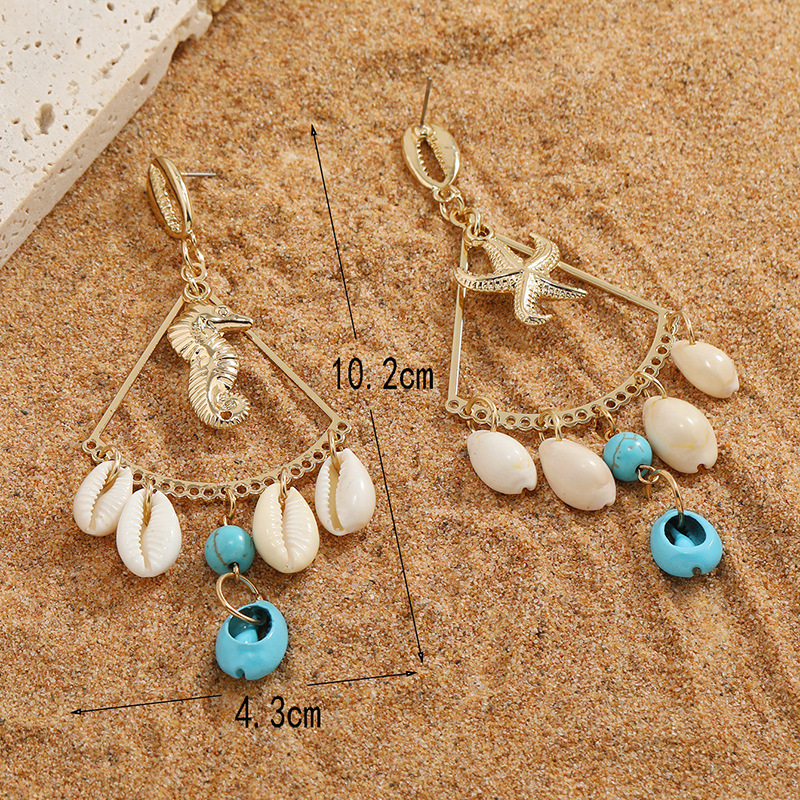 Bohemian Ethnic Style Fashion Triangle Tassel Seahorse Starfish Shell Pendant Alloy Earringspicture1