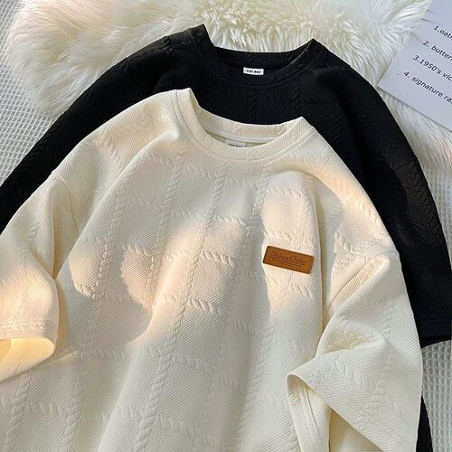 350g Heavyweight! Men's Short-sleeve T-shirt with Unique Design, Summer High Street Fashion Brand Top, Five-finger Sleeve Half Sleeve