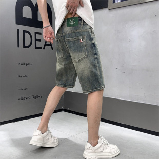 2025 Summer American Vintage Washed Old Denim Shorts Loose High-end European Straight Pants Men's