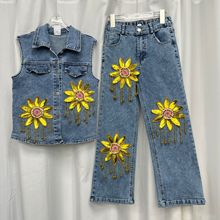 欧洲站重工花朵流苏牛仔套装上衣马甲+经典牛仔直筒裤两件套