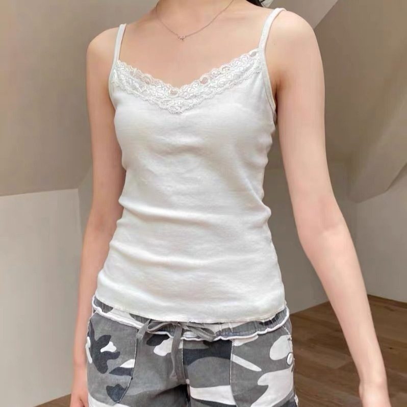 BM's new summer hot girl white lace V-neck camisole for women, BM pure desire style versatile top for inner or outer wear