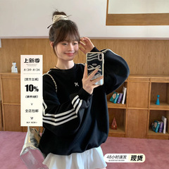 宋正恩三条杠蝴蝶结黑色卫衣女2025秋季新款韩系长袖上衣外套