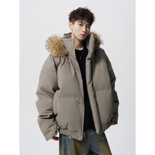 重磅PU皮连帽棉衣男冬美式可拆卸毛领情侣面包服潮牌加厚派克棉服