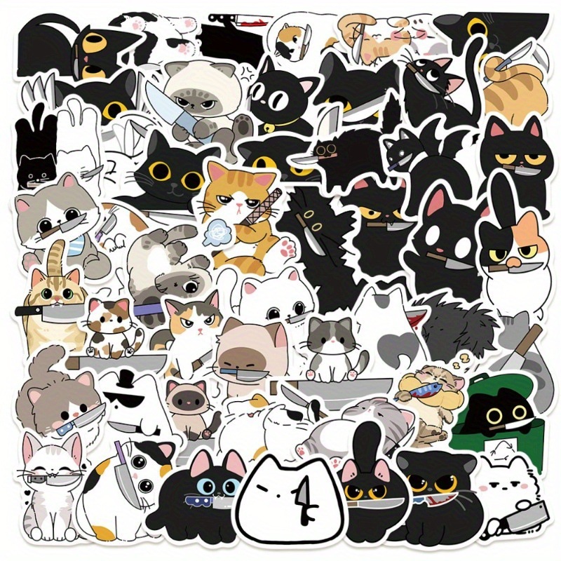 2025新款跨境代发50个带刀的卡通猫涂鸦贴纸可重复使用的
