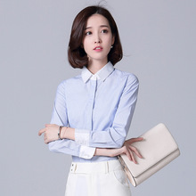 蓝白细条纹衬衫女长袖职业韩版修身工装工作服竖条纹