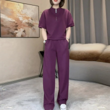 胖MM大码女装休闲运动套装女韩版紫色圆领夏季显瘦卫衣时尚两件套