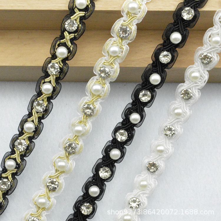 1.2CM小香风发箍广州服装辅料配饰雪纱8字钉珠钉钻花边织带  K006