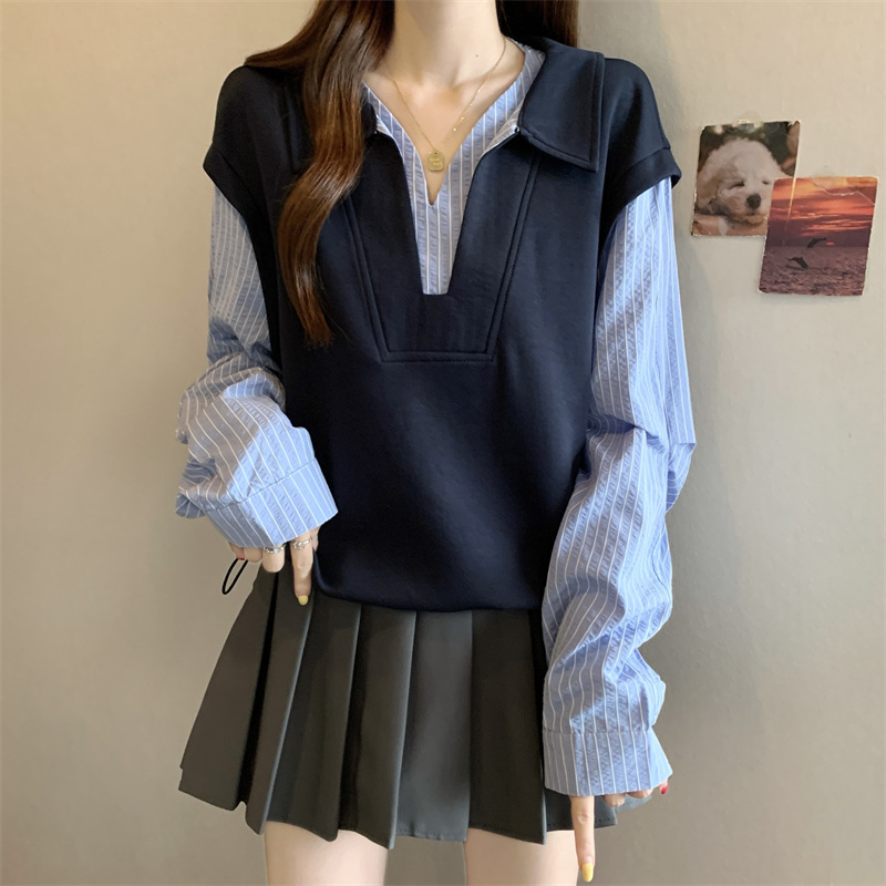 胖MM2025新款秋装女装韩版设计条纹衬衫宽松百搭假两件上衣A6694|undefined