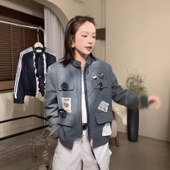 DD【ラベル付きデニム】コートの女性デザイン感があります。青い水洗いジャケットの上着がかっこいいです。