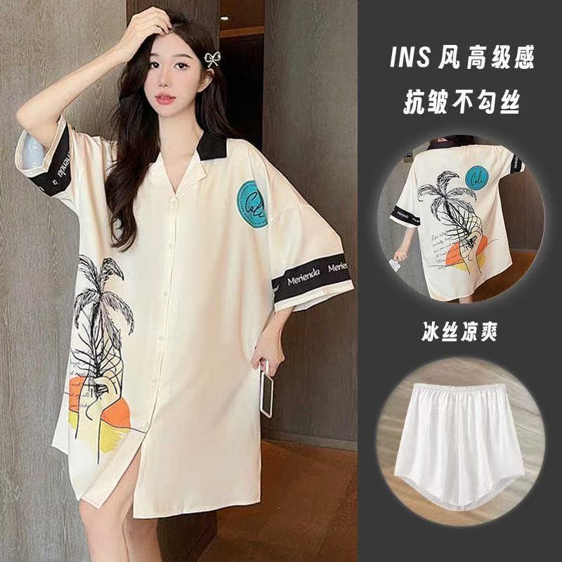 网红冰丝睡衣女夏季短袖性感纯欲蕾丝睡裙短裤套装外穿大码衬衫裙