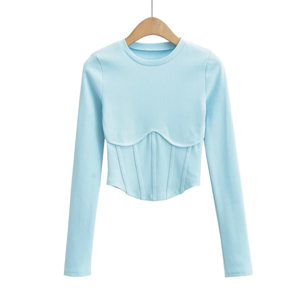 Stickad damtopp med lång ärm och fiskbensmönster slim fit_voghion.com