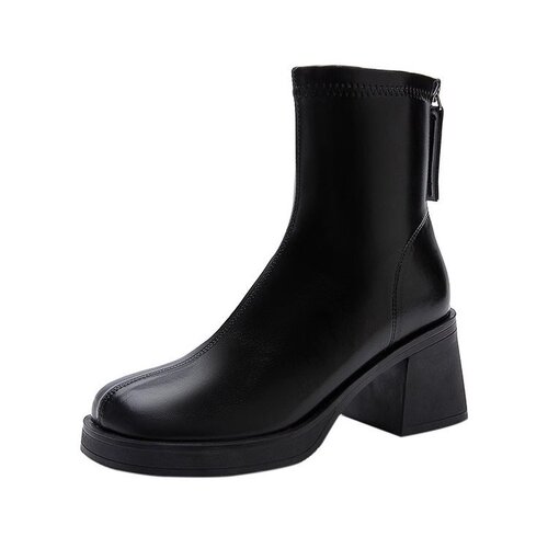 High-heeled Martin boots for women in autumn and winter new style British style round toe thick heel back zipper women's short boots trendy for small people