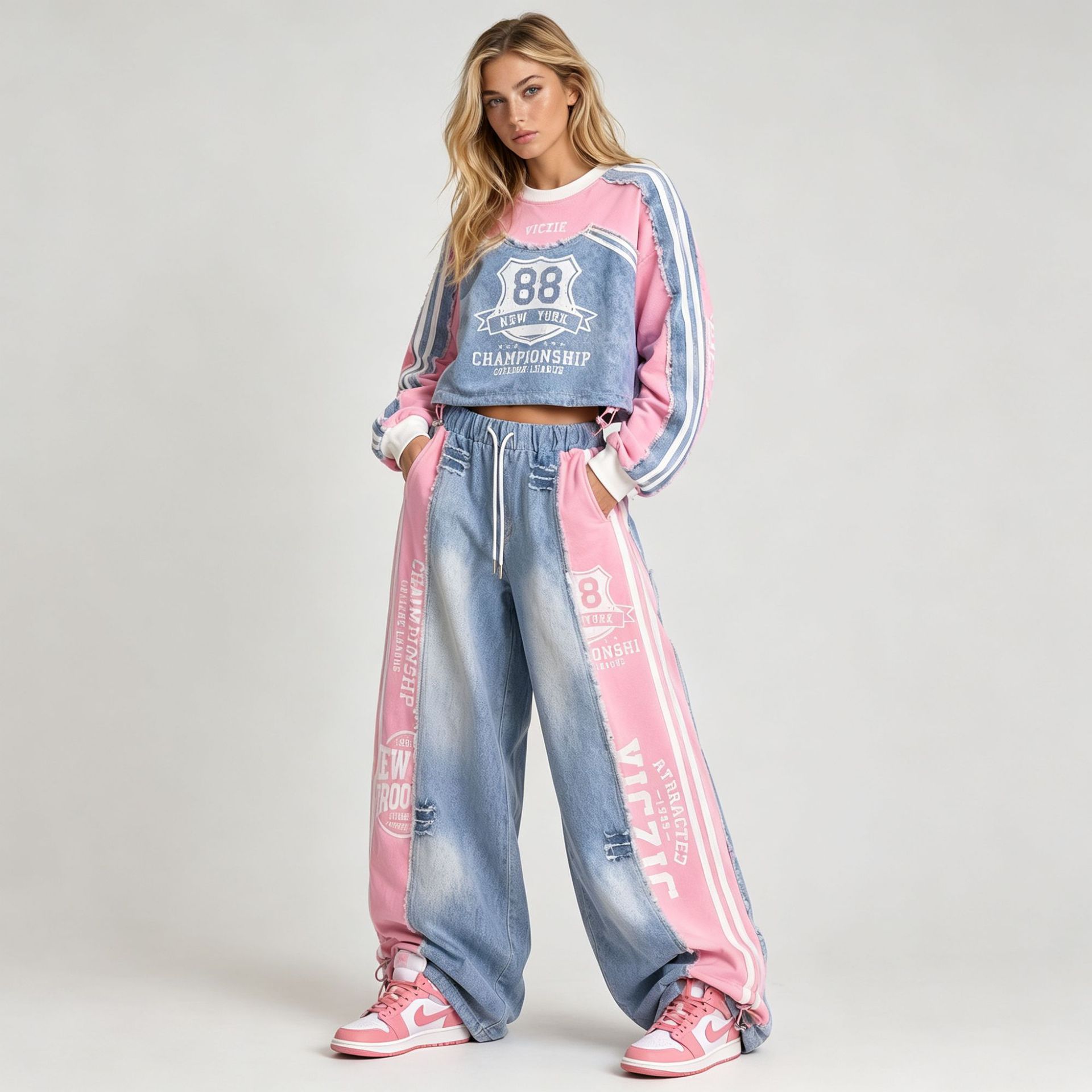 Conjunto de Mezclilla Retro para Mujer, Corte Holgado, Manga Larga