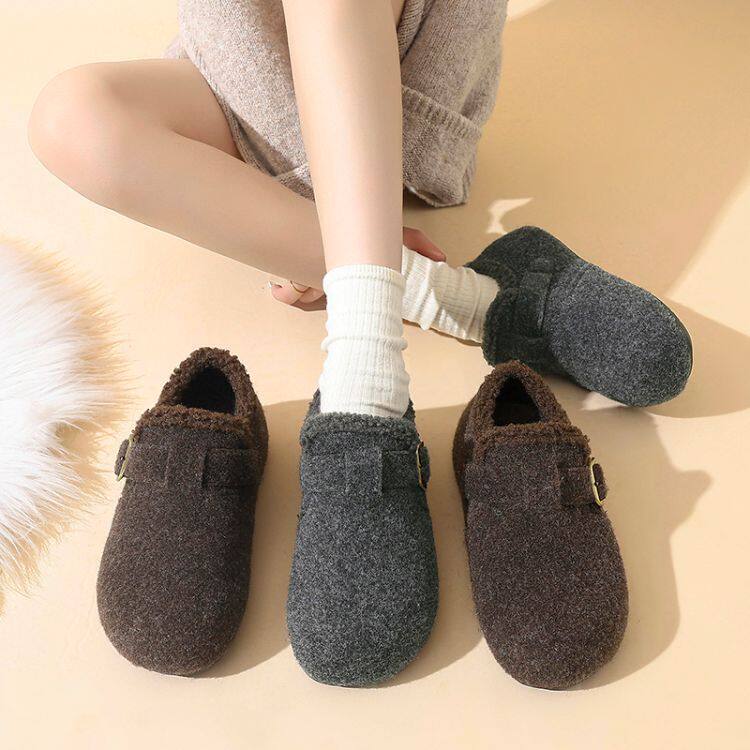 Giày lười nữ dạ lót lông dày, đế bằng tăng chiều cao bên trong, đi hai kiểu, giữ ấm mùa đông — TB01 Quần cotton nữ viền lông - Màu nâu cà phê [Hộp], TB01 Quần cotton nữ viền lông - màu xám [hộp] chi tiết 5
