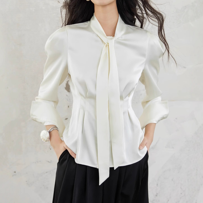 Heavy Luxury High-End Double-Sided Satin with Gorgeous Luster | Women's All-In-One Floating Collar Waist Long-Sleeved Shirt