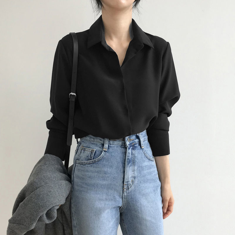 Chiffon Shirt for Women 2026 Spring and Autumn New Korean Style Loose-Fitting Base Shirt Black Professional Ol Versatile Work Shirt