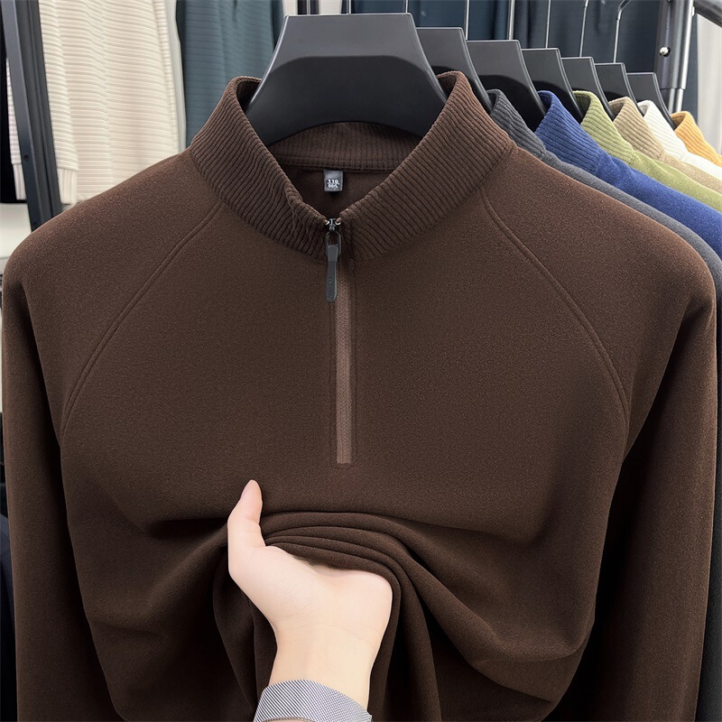 Autumn and Winter Double-Sided German Velvet Cationic Brushed Long-Sleeved T-Shirt Half Turtleneck Zipper Warm Sweatshirt Men's Inner Layering Shirt