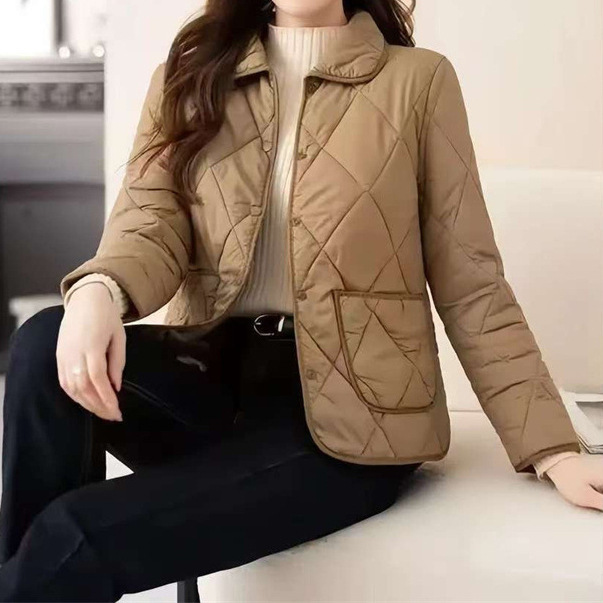 女士翻领棉服短款2025菱形格薄款夹棉秋冬外套棉衣其|undefined
