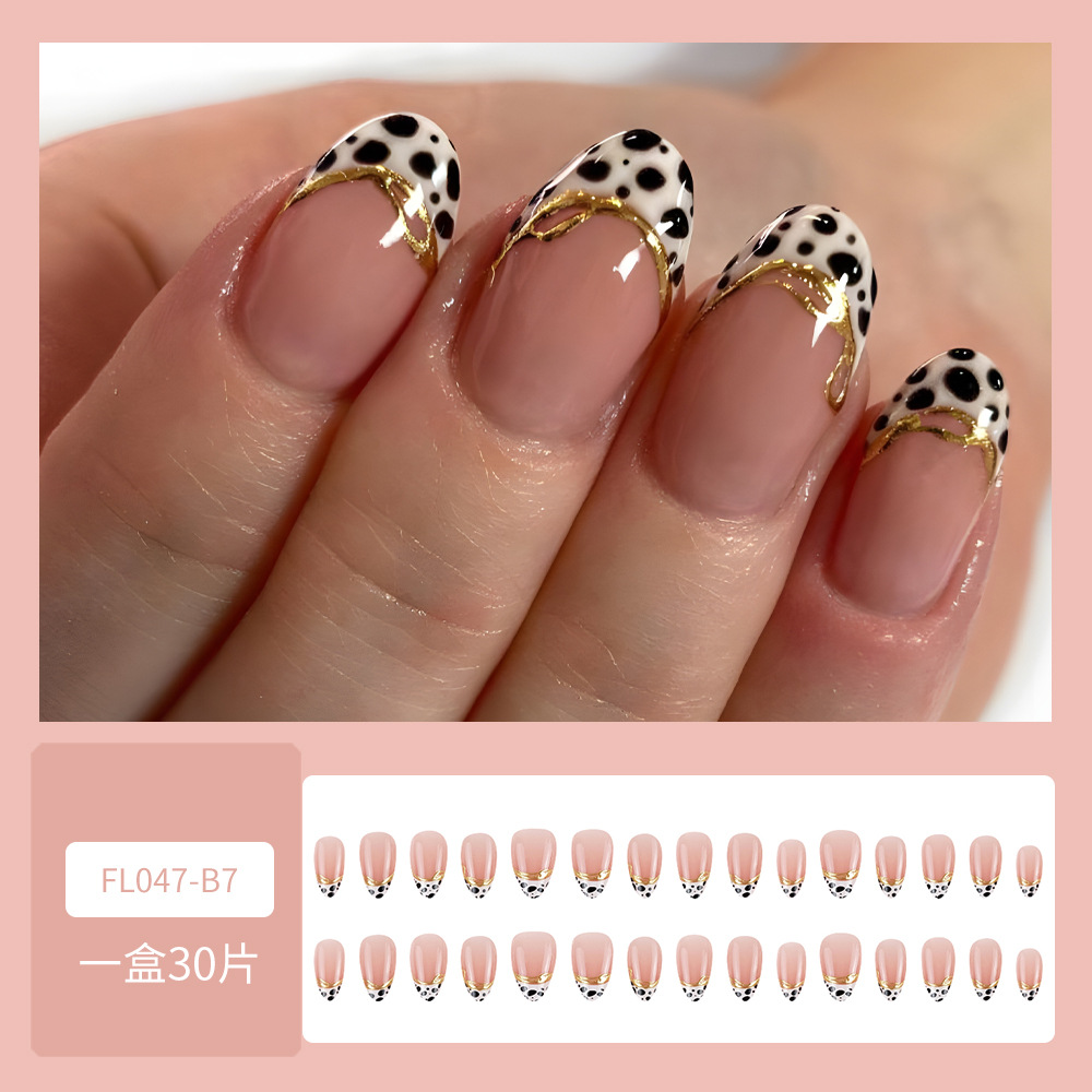 30 piezas de uñas tridimensionales en 3D dorado Parche corto de uñas de almendra con estampado de leopardo simple arte de uñas francés en relieve