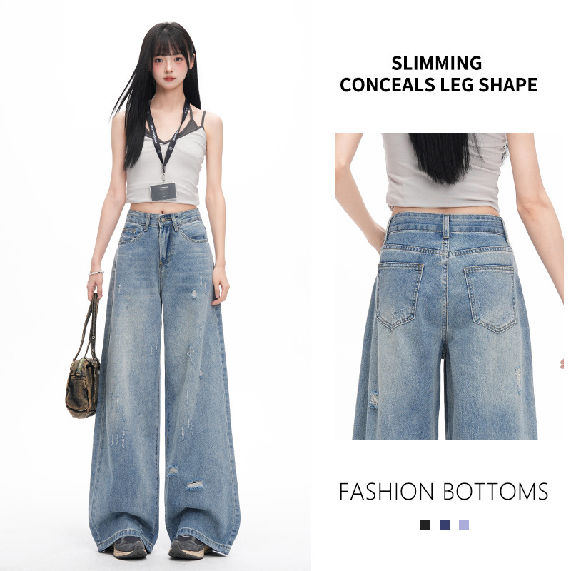 Boyfriend-Style Ripped Wide-Leg Jeans for Women, Loose Fit, Slimming, Drapey, Floor-Length, High-Waisted, Retro, Trendy Straight-Leg Pants Boyfriend-Style Ripped Wide-Leg Jeans for Women, Loose Fit, Slimming, Drapey, Floor-Length, High-Waisted, Retro, Trendy Straight-Leg Pants