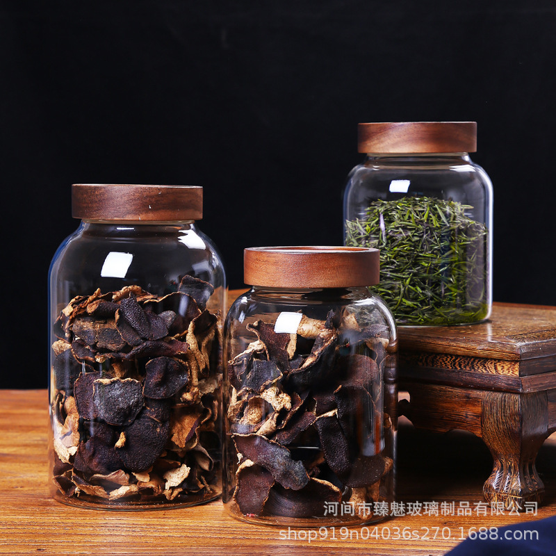 外贸展示螺纹口玻璃密封罐大容量玻璃储物罐相思木盖陈皮储存罐|undefined