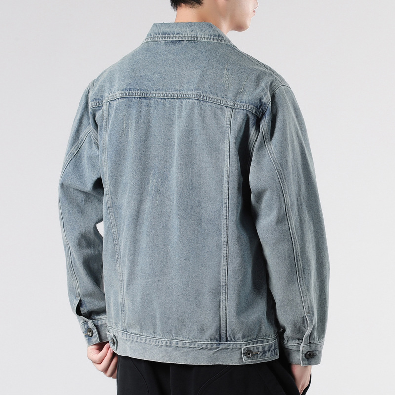 LKTM Men's Wear # Chaqueta de mezclilla azul luz de la luna lavada de la marca de moda estadounidense para hombres, chaqueta de todo fósforo casual guapo